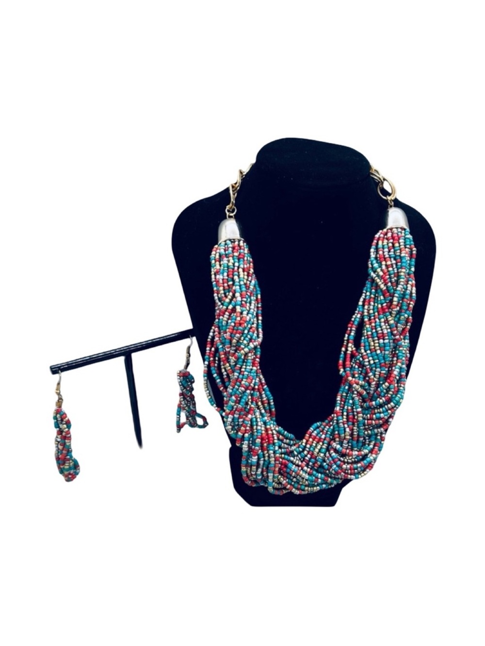 Multistrand Seed Bead Necklace Earring Set Turquoise & Coral FINAL PRICE DROP
